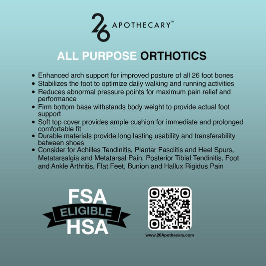 Box of All-Purpose Sports Orthotics with 26Apothecary branding and durability guarantees.
