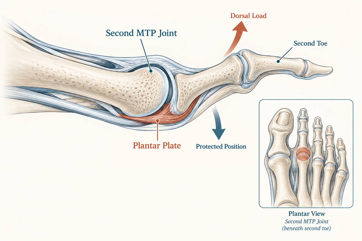 Medical illustration of the second metatarsal and second MTP joint with labeled anatomy, arrows showing dorsal load and protected position, and a small inset plantar view of the toes.