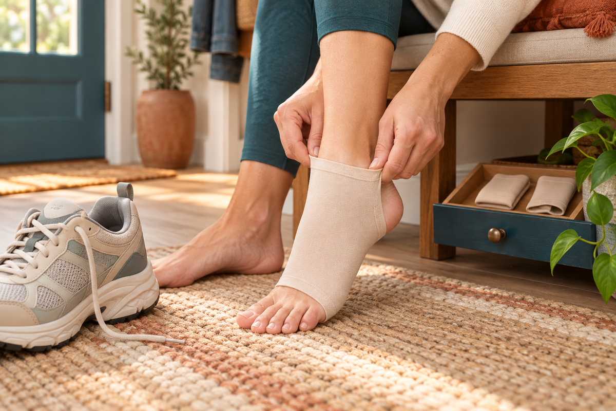 A person sitting indoors is putting on a beige ankle support sleeve. A beige athletic shoe lies on the woven rug beside them, with a wooden bench, plant, and blue door visible in the background.